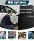 Premium Heavy Duty Rolling Tool Cabinet With Adjustable Shelf For Shop Floors, man using wrench beside the cabinet.