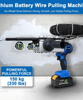 Heavy Duty 21V Cordless Cable Puller With Rock Solid 6 Wheel Drive And 300 Pound Pulling Capacity Brushless Wire Threading Machine for No Sweat Construction Setup Includes Two Rechargeable Batteries And 98 Foot Reach, showing powerful pulling force and accessory details.