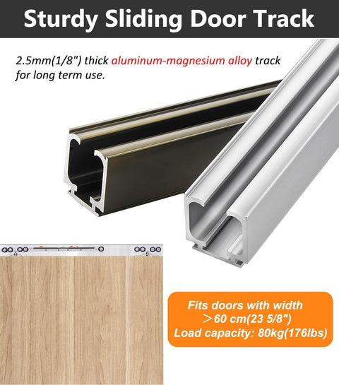 Dual Soft Close Sliding Barn Door Hardware Kit With Aluminum Rail System And Buffer Rollers in champagne finish, rail profile view