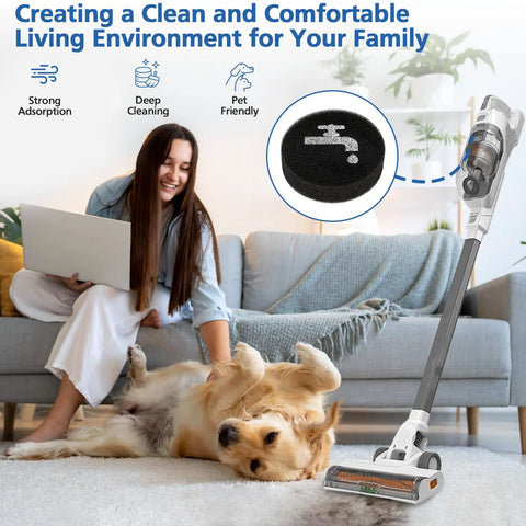Premium Sponge Filter Replacement For PowerSeries 16V 20V Cordless Stick Vacuums BHFEA420J BHFEA520J BHFEA18D1 Replace Part BHFEAF1 6 Pack Fits Black And Decker Models in use with woman and dog on carpet.