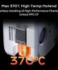 Next Level 3D Printer Featuring A Heavy Duty Enclosed Chamber And Scorching Hot Extruder That Crushes Carbon Filled Filaments And High Heat Plastics For Tinkerers And Makers Wanting Flawless Prints Without The Drama - close-up of the high temp hotend reaching 370°C.