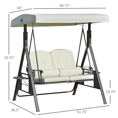 Two Person Patio Swing Bench With Adjustable Shade Canopy Cushions Throw Pillows And Tray Beige Outdoor Seating For Patio Balcony Backyard Poolside Garden Deck Hangout Ready Weatherproof Aluminum Frame with dimensions