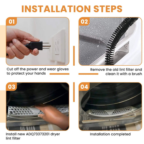 Installation steps for Dryer Lint Screen ADQ73373201 with Brush, showing safe power cutoff, old filter removal, new filter installation.
