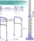 Heavy Duty Toilet Safety Rails 350 Lbs Adjustable Bathroom Grab Bar showing adjustable height and width with purple foam grips.