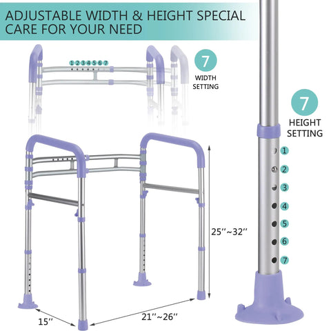 Heavy Duty Toilet Safety Rails 350 Lbs Adjustable Bathroom Grab Bar showing adjustable height and width with purple foam grips.