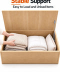 Top Tier Toy Box Hinges 2 Pack With 150N Soft Close Gas Struts For Heavy Lids, wood toy box open with blankets inside.