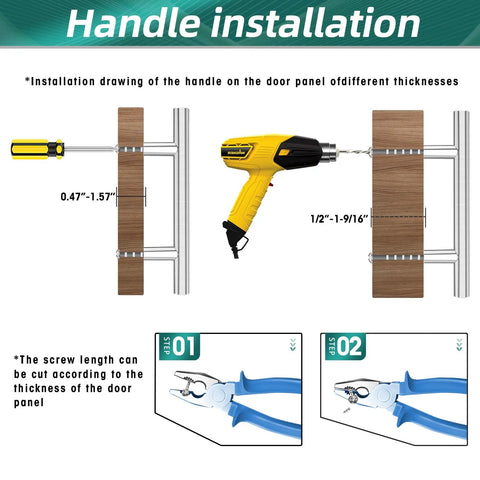 Installation guide for 40 Pack Brushed Nickel Stainless Steel Kitchen Cabinet Handles Drawer Pulls, showing screw length adjustment.