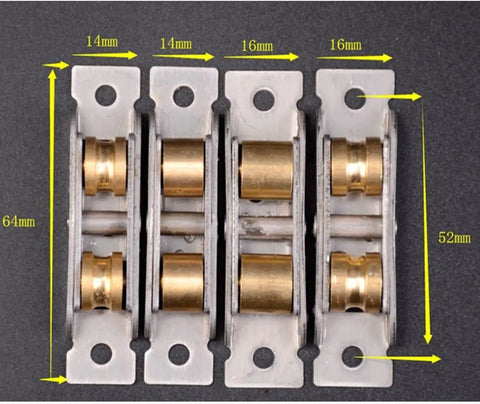 Heavy Duty Double Wheel Sliding Door Roller And Replacement Window Pulley showing detailed dimensions and brass wheels.