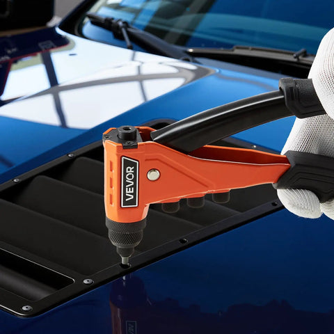 Heavy Duty Single Hand Pop Rivet Gun Kit Rigged Out With Two Hundred Blind Rivets used on blue vehicle hood for metal repair.