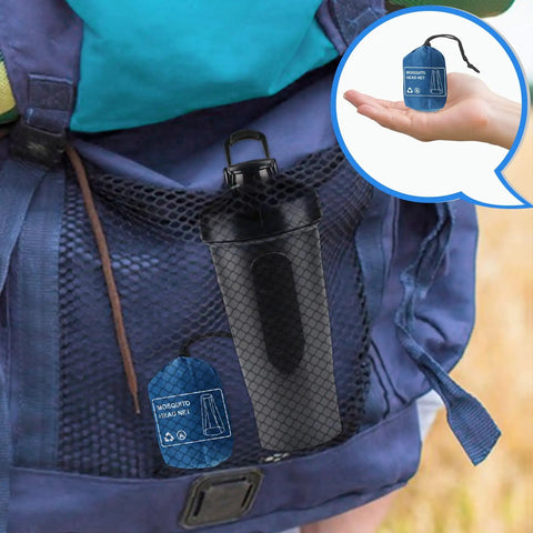 Close-up of Premium Mosquito Head Net 2 Pack stored in a blue backpack mesh pocket, ideal for outdoor activities.