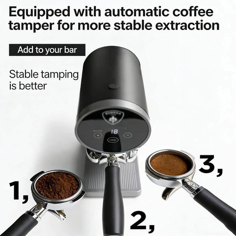 Straight Fire Electric Coffee Tamper 58mm with digital gauge next to portafilters for stable espresso extraction.