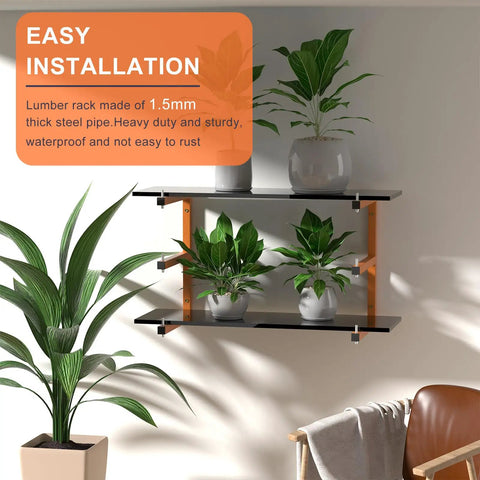 Smooth Setup Four Pack Lumber Storage Rack Wall Mounted Heavy Duty Board Holder With Rock Solid Adjustable Arms hanging with plants.