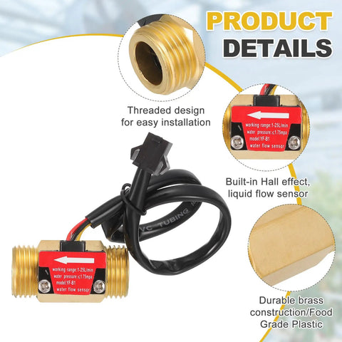 One Half Inch Hall Effect Water Flow Sensor Brass Body Flow Meter With PTFE Tape showing brass construction and wiring details.
