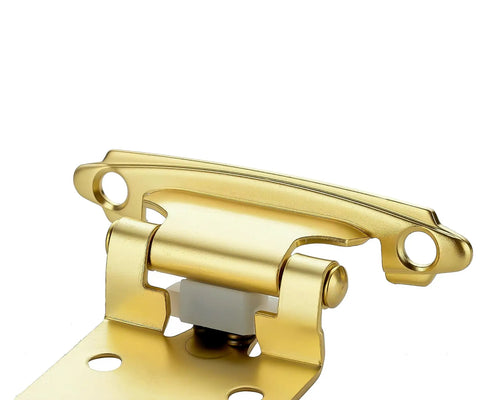 Heavy Duty Gold Cabinet Hinges Half Inch Overlay 30 Pack With Black Screws And Silent Door Bumpers close-up view of hinge detail.
