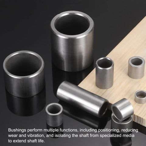 Runs Slick And Turns Smooth Heavy Duty Sintered Iron Sleeve Bearings 12 Pack displayed on black background, various sizes and shapes.