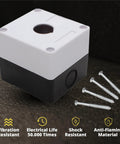 Rugged Single Push Button Switch Enclosure Box Bombproof Construction With Killer Water Resistance 22Mm Cutout Surface Mount ABS Junction for RV Auto Emergency Switches Garage Certified, showing top view and screws.