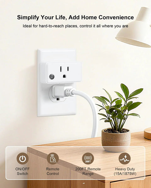 Remote Control Outlet With 200 Ft Range Long Range Wireless Light Switch Plug And Play Grab And Go Mini Electrical Outlet Plug 15A 1875W High Power For Lamps Lights And Household Appliances FCC ETL Listed installed on wall, shown with plant and lamp.