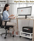 Totally Slick Two Tier Rolling Printer Stand Under Desk With Open Bottom Shelf And Heavy Duty Swivel Casters For Zero Hassle Home Office Workspace Organization White, featuring printer and organized papers.