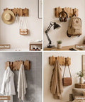 Premium Acacia Wood Wall Mounted Coat Rack With Eight Retractable Hooks in four room setups including Entryway, Study, Bathroom, and Living Room.