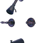 Tub And Shower Mixer With Brass And Copper Waterways Convertible To Shower Or Bath No Fuss Install Classic Bronze Finish Durable Plumbing Fixture For Renovations And Remodels, showing full set with handles and spout in oil rubbed bronze.