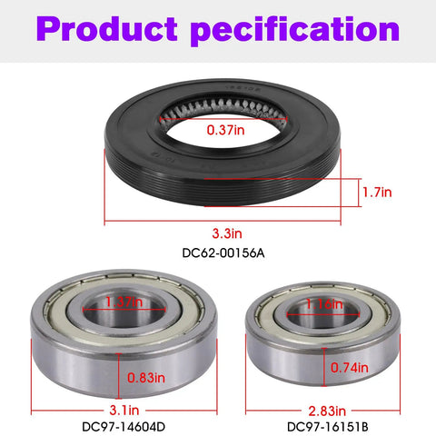 Premium Heavy Duty Replacement Washer Tub Bearings And Seal Kit For Samsung Front Load Washers, parts with measurements shown.