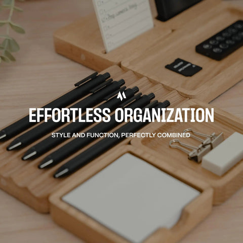 Modular Desk Organizer Tray Set In Solid Oak Wood With Felt Lining, pens and paperclips, customizable for home office use.