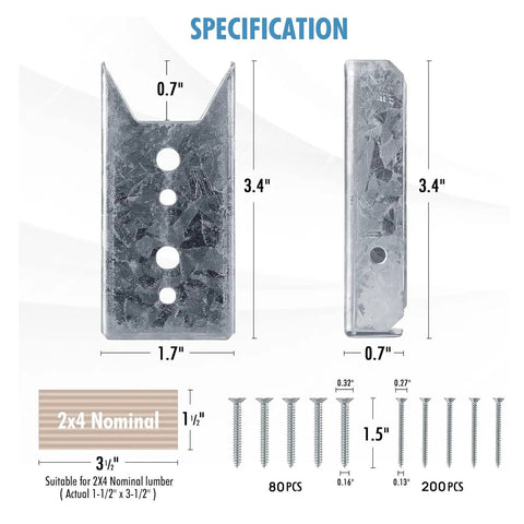 40 Pack 2x4 Fence Brackets and Deck Railing Connectors for Wood Posts 1.5x3.5 In Galvanized Steel Repair Kit With 280 Stainless Screws Heavy Duty Multi Use for Picket Fences and Porches