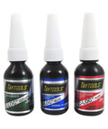 Front view of IC-LOC Threadlockers Set Green 175 Thin, Blue 171 Medium, Red 173 High Strength 0.34 oz bottles for fasteners.