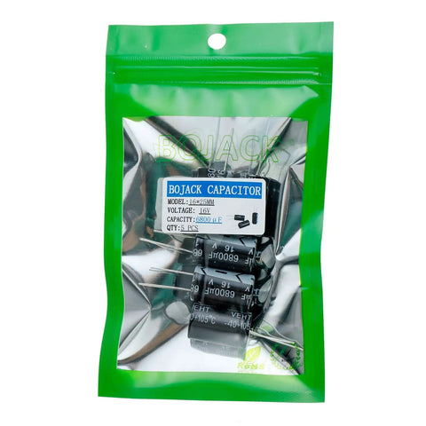 Heavy Duty 6800 Microfarad 16 Volt Aluminum Electrolytic Capacitors 16 X 25 mm With Plusminus Twenty Percent Tolerance Five Piece Pack in green packaging.