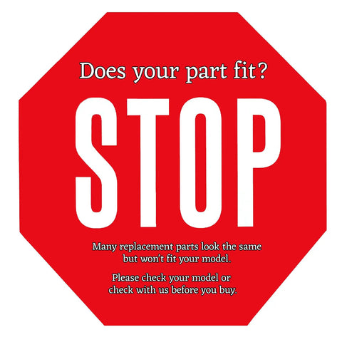 Red octagonal stop sign with text reminding to check compatibility before purchasing a Lower Crisper Bin Replacement For Whirlpool Refrigerator WP2188664.
