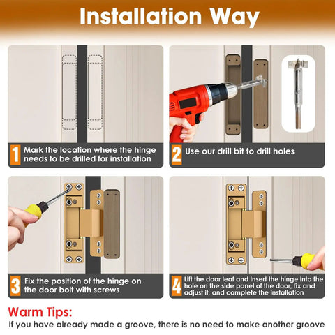 Installation steps for Four Point Five Inch Concealed Door Hinges For Invisible And Folding Doors with drill and screws.