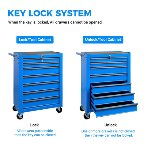 Rock Solid Rolling Tool Chest With Seven Smooth Ball Bearing Drawers And Heavy Duty Swivel Casters Built To Handle The Everyday Grind For Zero Sweat Garage Organization In Deep Blue showing lock and unlock position.