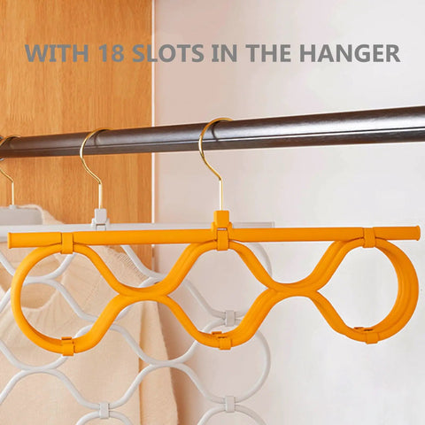 Foldable Scarf Organizer Rack With 18 Slots For Closet Storage And Necktie Display, bright orange hanging on closet rod.