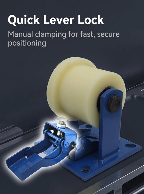 Quick lever lock mechanism with heavy duty nylon track wheel for manual clamping and secure positioning.
