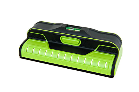Dead On Accuracy 13 Sensor Stud Finder Wall Scanner with bubble level, heavy duty green and black grip for precise measurements.