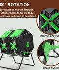 Easy Assembly Outdoor Compost Tumbler With Dual Chamber Rotating Bin showing 360° rotation, brake system and internal protrusion.