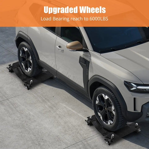 Heavy Duty Car Wheel Dolly Set Of 4, Tough As Nails reinforced steel moving carts supporting a vehicle on black platforms.