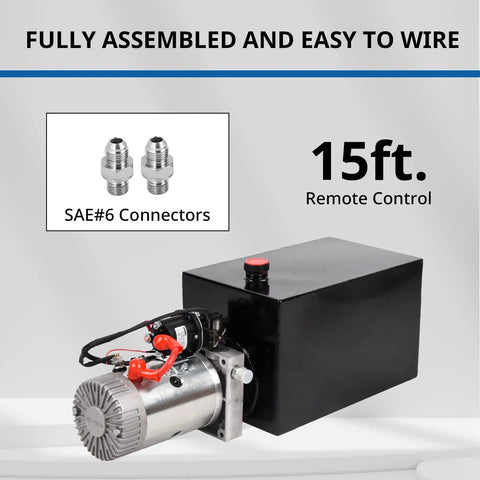 12V DC Single Acting Hydraulic Pump With 15 Quart Reservoir For Dump Trailers And Car Lifting In Metal Housing 3200 PSI A Port 1500 PSI B Port Beefed Up Heavy Duty Power Unit.
