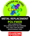 Strong as steel polymer material label emphasizing rust resistance and maintenance-free benefits for Workhorse Heavy Duty Gate Hinges With No Sweat Tension Adjustment For Pool Safety And High Traffic Fences Smooth Self Closing Operation Sleek Black Two Pack Built Damn Tough For Yard Projects.