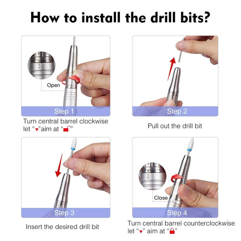 Installation steps for brushless nail drill handpiece, showing drill bit placement, rotation, and locking mechanism.