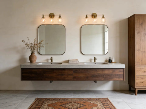 Bathroom setup with two Three Light Antique Brass Wall Sconces With Clear Glass Globes Dope Industrial Vanity Lighting above mirrors