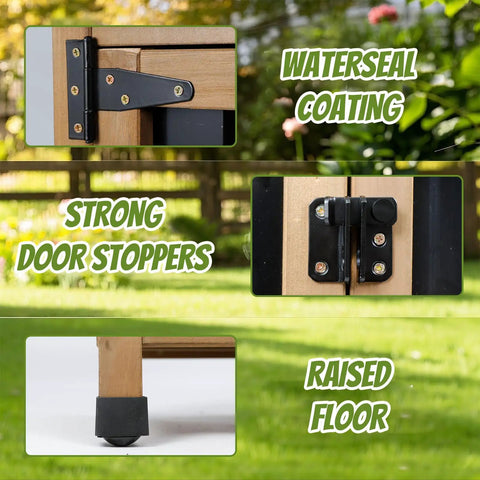Close-up of hinges, stoppers, and raised base of Tough As Nails Built To Last Outdoor Storage Cabinet Waterproof Weatherproof Wood And Metal Shed With Lockable Doors And Adjustable Shelves For Patio Backyard Garden Tools And Accessories Brown.