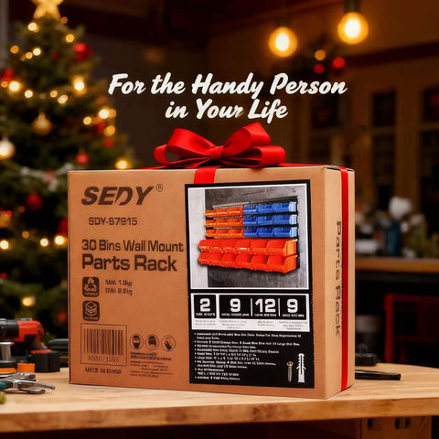 Box of 30 Bin Wall Mounted Storage Rack System For Heavy Duty Garage Organization With Pegboard Panels in holiday setting.