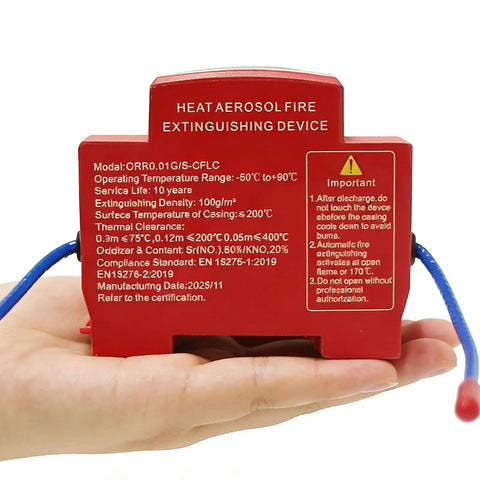 Smart Din Rail Fire Extinguisher Featuring Auto Heat Aerosol Release Ideal For Circuit Breaker Panels And Home Switchgear To Tackle Flames Smooth Zero Sweat Guaranteed in hand showing specifications.