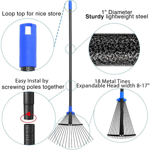 Adjustable Leaf Rake with 32 Gallon Yard Waste Bag and Leaf Scoops showing expandable head and adjustable handle details