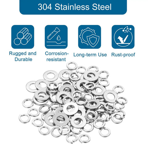 All In One M4 Stainless Steel Split Lock Washers And Flat Washers Kit 200 Pieces 304 Grade Rust Resistant Hardware Set For Home Repair Auto Maintenance And DIY Projects, 304 stainless steel washers