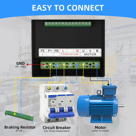 Diagram of Three Kilowatt VFD Variable Frequency Drive Inverter Controller showing connections for motor, resistor, and breaker.