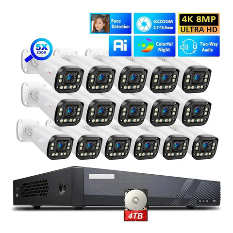 Rock Solid 16CH 4K Security Camera System With 5X Optical Zoom AI Auto Focus showing 16 cameras and central station with 4TB storage.