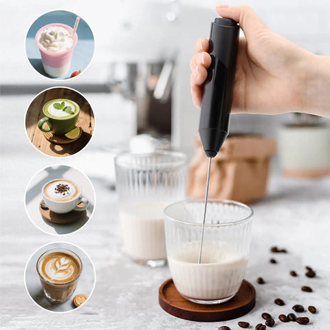Handheld Milk Frother With Cover, 15 Second Silent Drink Mixer in use making foam for coffee, with various drinks shown