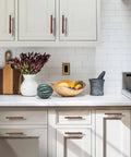 Kitchen featuring Brown Leather Drawer Pulls 5 Pack, 3.78 Inch Hole Center, Handmade Leather Dresser Knobs with Brass Base on cabinets